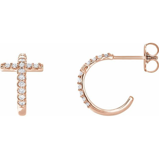 14K Rose Gold 1.3 Mm Round Friction Back Polished 1/4 Ctw Natural Diamond Cross Hoop Earrings