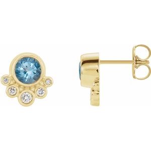 14K Yellow Gold Round 5 Mm Natural Aquamarine And 1/8 Ctw Natural Diamond Earrings