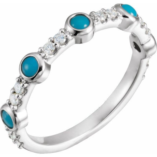 14K White Gold Round 2.5 Mm Polished Natural Turquoise And 1/5 Ctw Natural Diamond Ring, Size 7