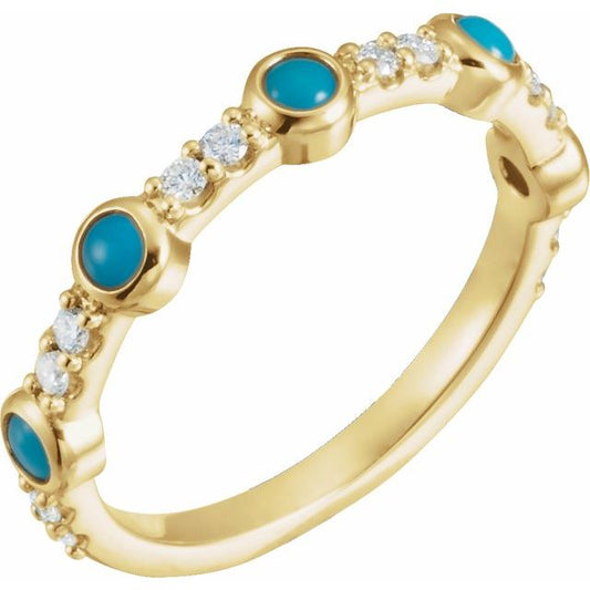 14K Yellow Gold Round 2.5 Mm Polished Natural Turquoise And 1/6 Ctw Natural Diamond Ring, Size 7
