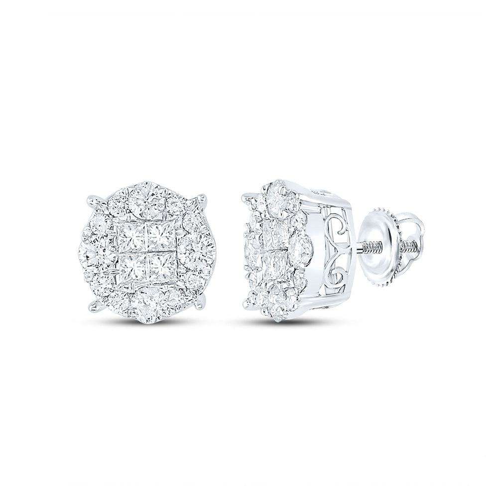 14K White Or Yellow Gold Womens Princess Round Diamond Cluster Earrings
