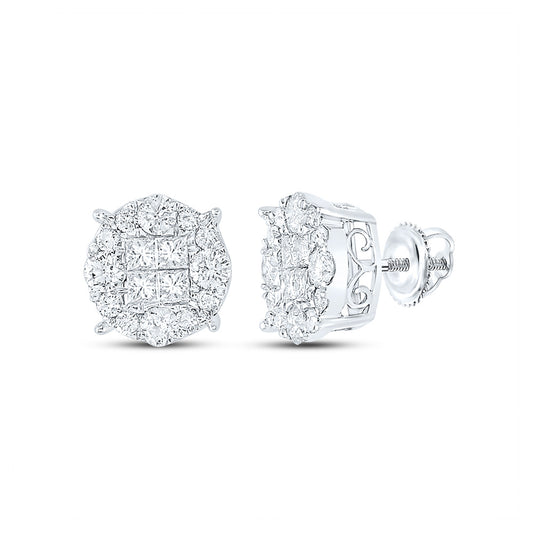 14K White Or Yellow Gold Womens Princess Round Diamond Cluster Earrings