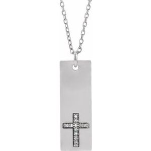 14K White Gold Round .8Mm G-H I1 .03 Ctw Natural Diamond Vertical Bar Cross Necklace, Length: 18 In