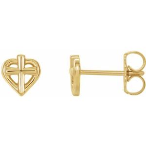 14K Yellow Gold Pair Friction Backs Cross With Heart Youth Earrings