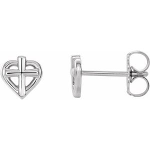14K White Gold Pair Friction Backs Cross With Heart Youth Earrings