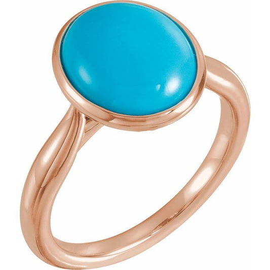 14K Rose Gold Oval 12 X 10 Mm Polished Natural Turquoise Cabochon Ring, Size 7