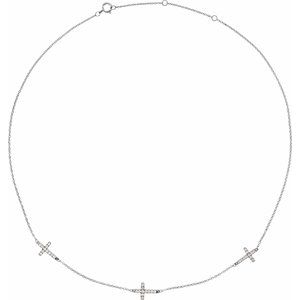 14K White Gold Round H+ I1 1/4 Ctw Natural Diamond 3-Station Cross Necklace, Length: 18 In