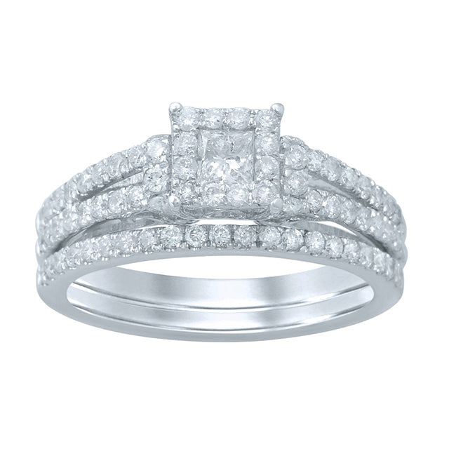 14K White Gold 0.98-1.04 Cttw Princess Cut And Round Diamonds Bridal Set Ring