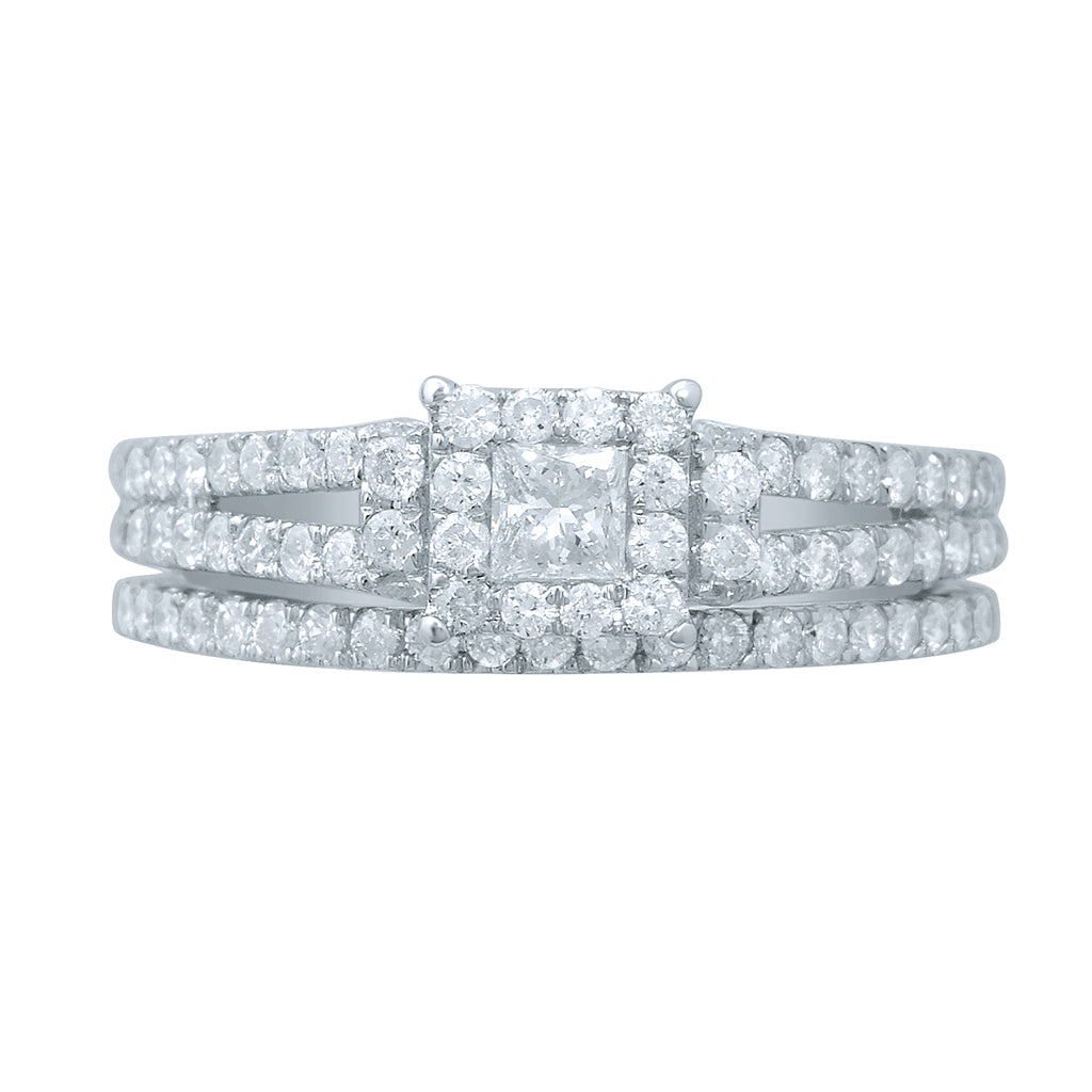 14K White Gold 0.98-1.04 Cttw Princess Cut And Round Diamonds Bridal Set Ring