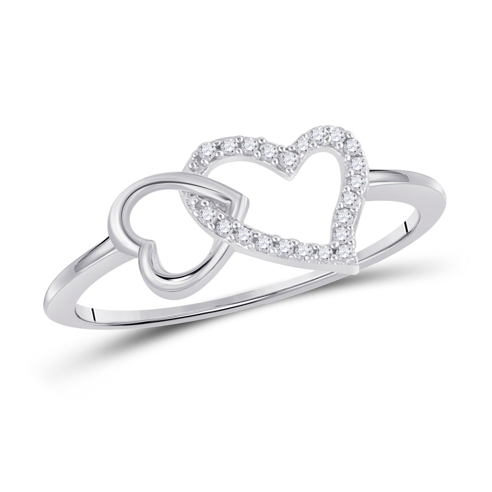 10K White Gold Womens Round Diamond Double Heart Ring 1/20 Cttw, Womens Size: 5-10