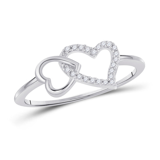 10K White Gold Womens Round Diamond Double Heart Ring 1/20 Cttw, Womens Size: 5-10