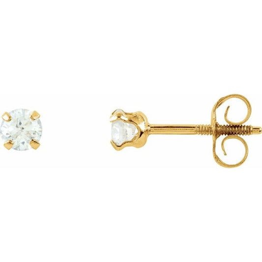 14K Yellow Gold Round 3 Mm Threaded Back Polished Youth Imitation White Cubic Zirconia Earrings
