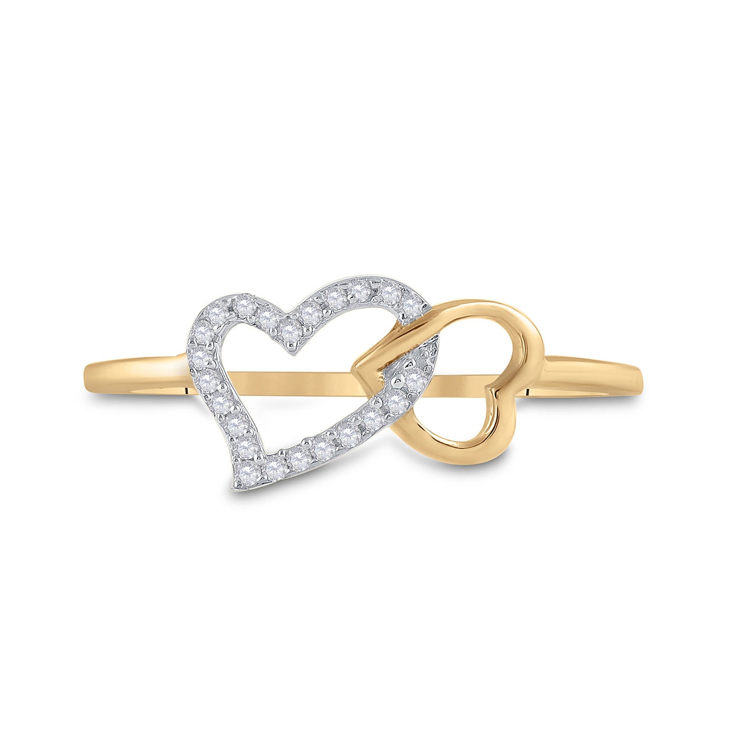 10K Yellow Gold Womens Round Diamond Double Heart Ring 1/20 Cttw, Womens Size: 5-10