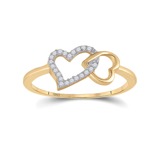 10K Yellow Gold Womens Round Diamond Double Heart Ring 1/20 Cttw, Womens Size: 5-10