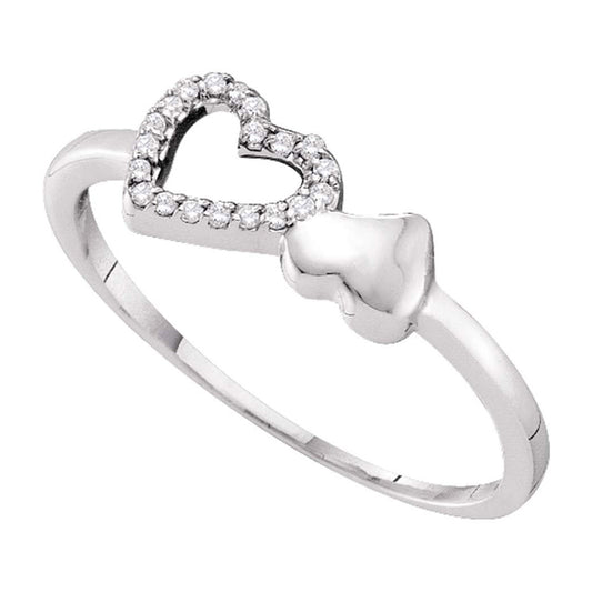 10K White Gold Womens Round Diamond Slender Double Heart Ring 1/20 Cttw, Womens Size: 5-10