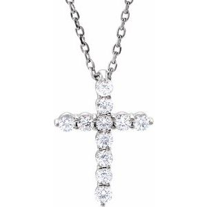 14K White Gold Round I1, G-H 16-18 In Polished Natural Diamond Cross Necklace