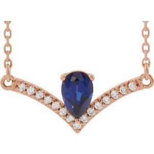 14K Rose Gold Pear 6 X 4Mm G-H I1 Lab-Grown Blue Sapphire And .06 Ctw Natural Diamond Necklace, Length: 18 In
