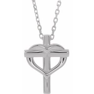 Sterling Silver 13.32 X 9.97 Mm 15 In Polished Cross With Heart Youth Necklace