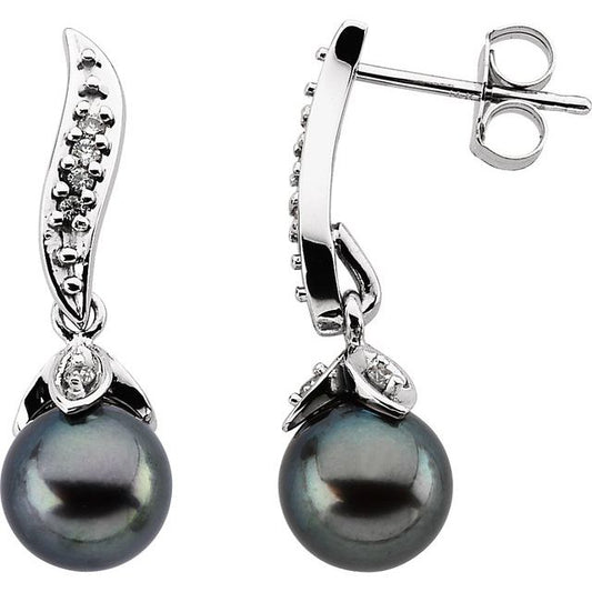 14K White Gold 7 Mm Friction Backs Polished Cultured Black Akoya Pearl Earrings