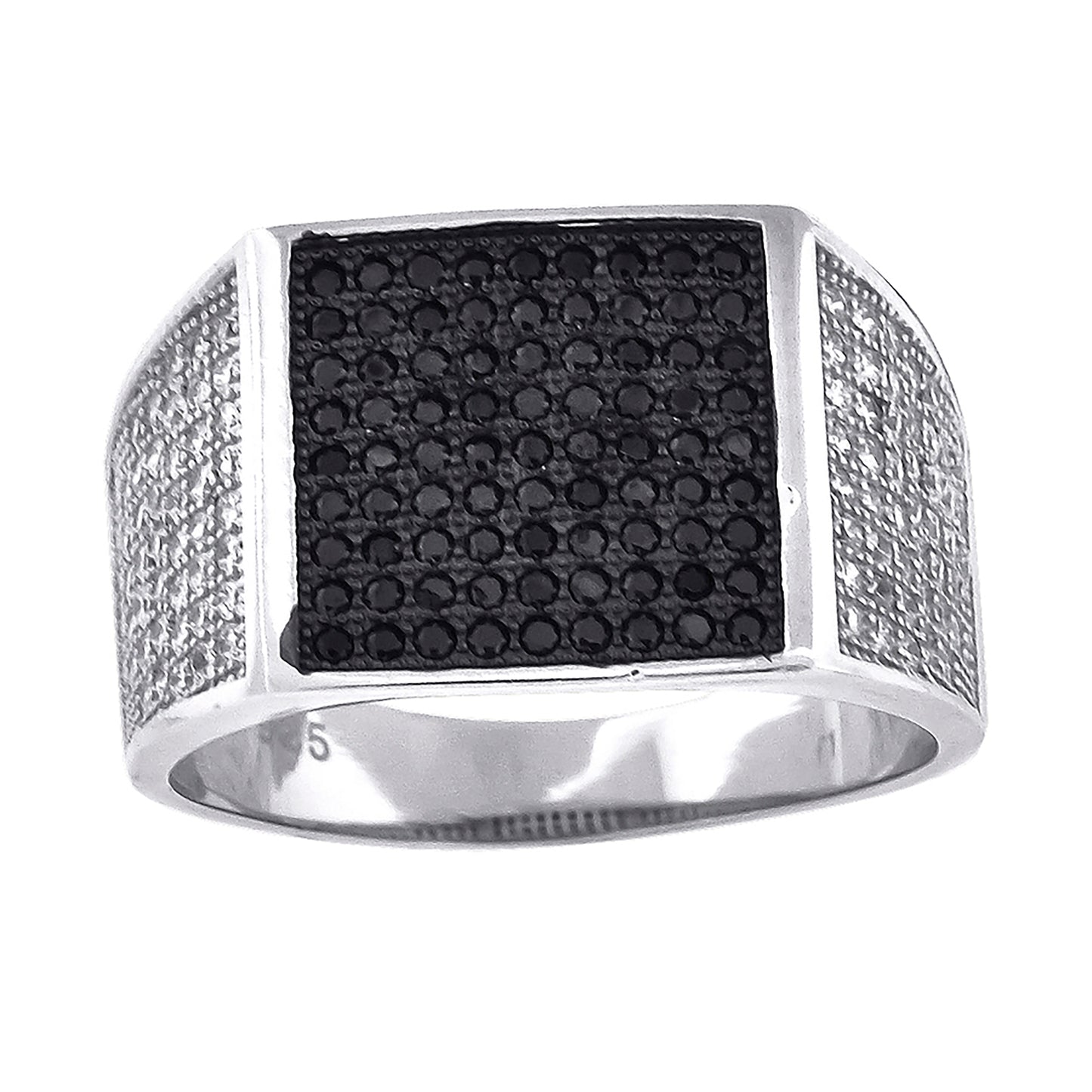 Sterling Silver Black-Tone Mens White Black Cubic-Zirconia Square Head Fashion Bridal Anniversary Wedding Engagement Band Ring Sizes 8 To 12