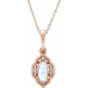 14K Rose Gold Oval 5 X 3Mm G-H I1 Natural Rainbow Moonstone And .03 Ctw Natural Diamond Clover Necklace, Length: 18 In