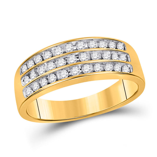 10K Yellow Gold Mens Round Diamond Wedding 3-Row Band Ring 1/2 Cttw, Mens Size: 7-13