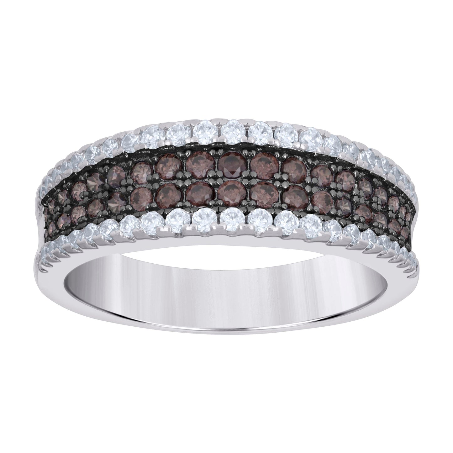Sterling Silver Mens White Brown Cubic-Zirconia 4 Rows Bridal Anniversary Engagement Wedding Band Ring