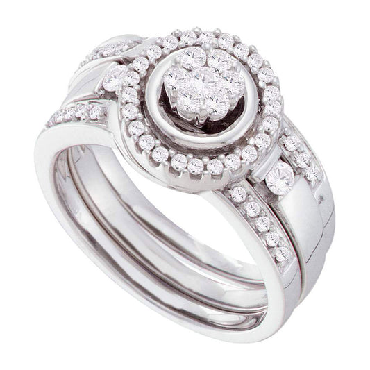 14K White Gold Diamond Cluster 3-Piece Bridal Wedding Ring Band Set 1/2 Cttw, Womens Size: 5-10