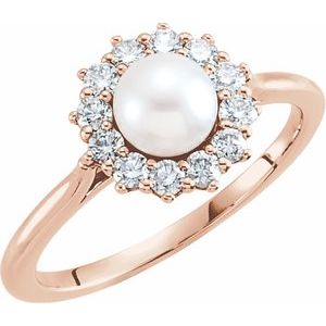14K Rose Gold  6 Mm Polished Cultured White Freshwater Pearl And 3/8 Ctw Natural Diamond Halo-Style Ring Size 7