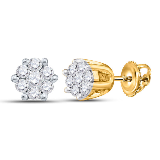 14K Yellow Gold Womens Round Diamond Flower Cluster Earrings 1/6 Cttw, Length: 0.18 In, Width: 0.18 In
