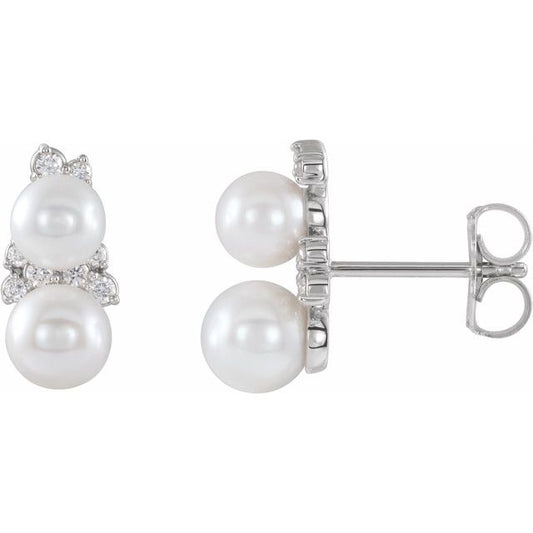 14K White Gold 5.0-5.5 Mm Friction Backs Polished Cultured White Freshwater Pearl And 1/10 Ctw Natural Diamond Ear Climbers
