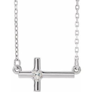 14K White Gold Round 2Mm G-H I1 .03 Ct Natural Diamond Sideways Cross Necklace, Length: 18 In