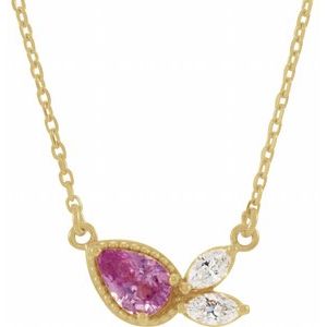 14K Yellow Gold Pear 6 X 4Mm G-H I1 Natural Pink Sapphire And 1/6 Ctw Natural Diamond Necklace, Length: 18 In