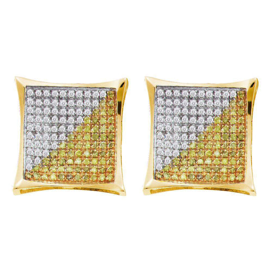 10K Yellow Gold Round Color Enhanced Diamond Square Kite Cluster Earrings 1/6 Cttw