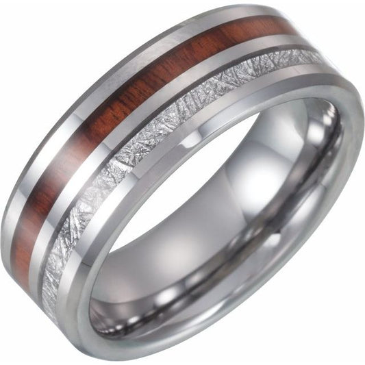 Tungsten 8 Mm Polished Imitation Meteorite And Acacia Wood Inlay Comfort-Fit Band, Size 7.5