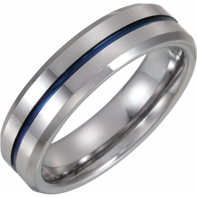 Tungsten 6 Mm Polished Grooved Inlay With Blue Enamel Comfort-Fit Band With Enameled Plating, Size 11.5