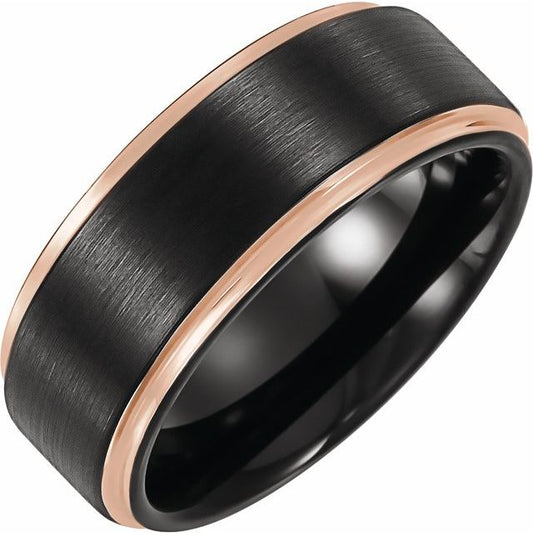 18K Rose Gold PVD & Black PVD Tungsten 6 Mm Polished Stepped-Edge Comfort-Fit Flat Band