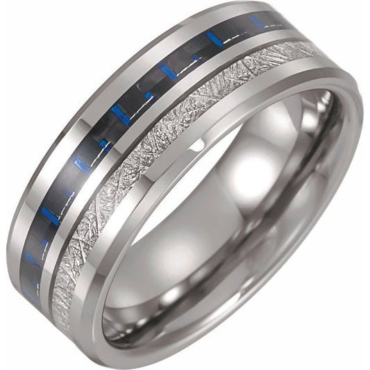 Tungsten 8 Mm Polished Imitation Meteorite And Carbon Fiber Inlay Comfort-Fit Band, Size 7.5