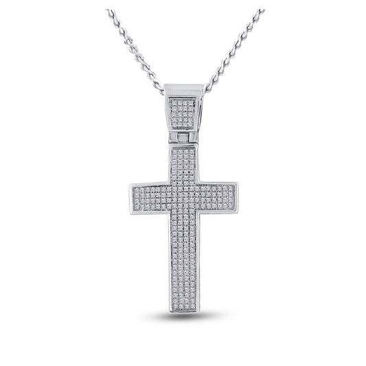 10K White Gold Mens Round Diamond Cross Charm Pendant 1/2 Cttw, Length: 1.85 In, Width: 0.89 In