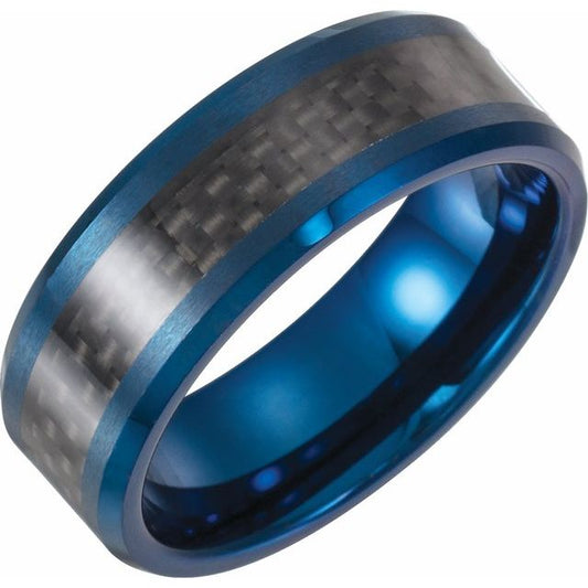 Tungsten 8 Mm Polished Black Carbon Fiber Inlay Comfort-Fit Band With Blue Enameled Plating, Size 13.5