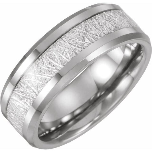 Tungsten 8 Mm Polished Beveled-Edge Imitation Meteorite Inlay Comfort-Fit Band