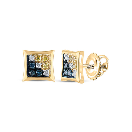 10K Yellow Gold Round Blue Color Enhanced Diamond Square Kite Earrings 1/20 Cttw