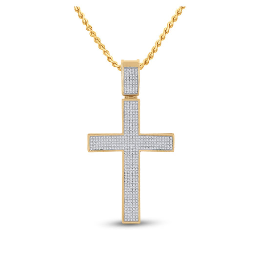 10K Yellow Gold Mens Round Diamond Cross Charm Pendant 1 Cttw, Length: 2.83 In, Width: 1.5 In