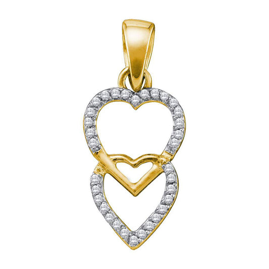 10K Yellow Gold Womens Round Diamond Double Heart Pendant 1/10 Cttw, Length: 0.83 In, Width: 0.39 In