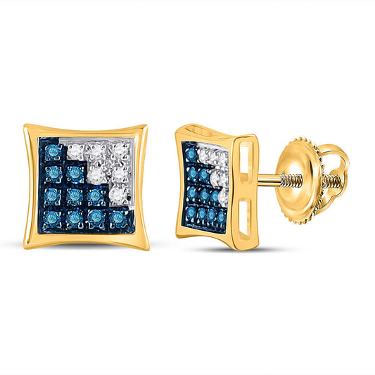 10K Yellow Gold Round Blue Color Enhanced Diamond Square Earrings 1/10 Cttw