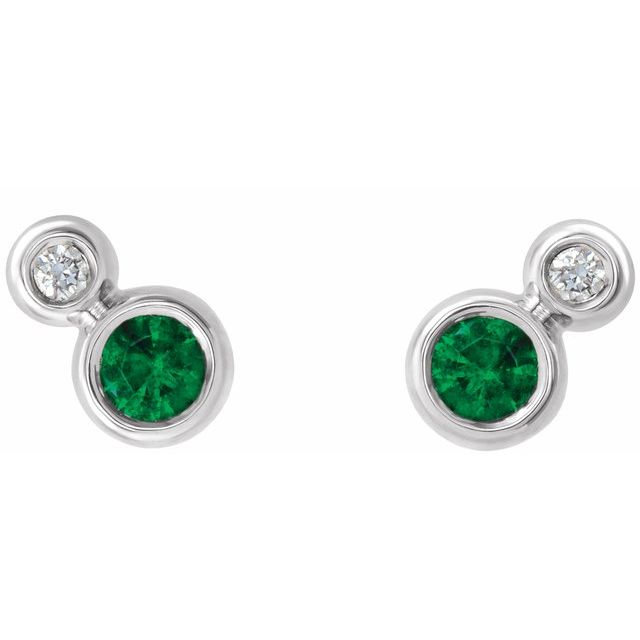 Sterling Silver 3 Mm Round Friction Back Polished Lab-Grown Emerald And .03 Ctw Natural Diamond Earrings