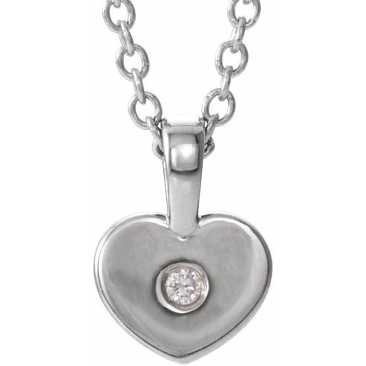 Sterling Silver Round 1.3Mm I1, G-H 16 In Polished .01 Ct Natural Diamond Youth Heart Necklace