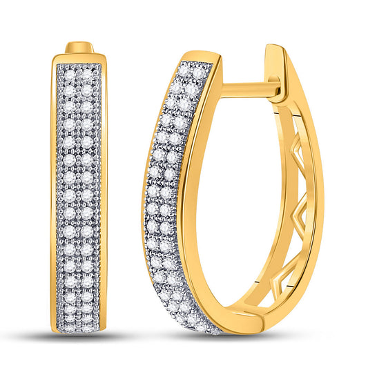10K Yellow Gold Womens Round Diamond Double Row Hoop Earrings 1/5 Cttw