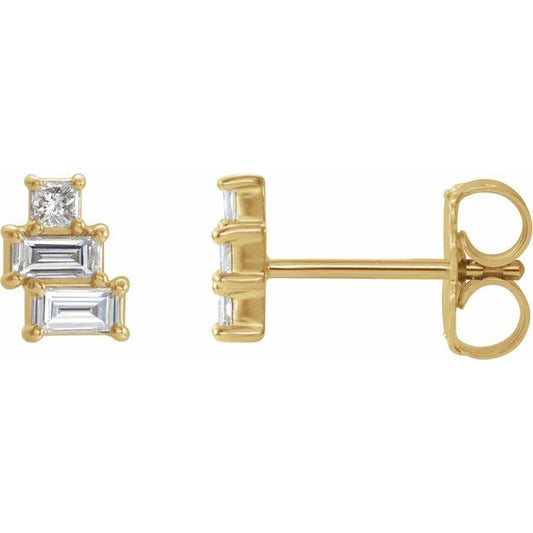 14K Yellow Gold Straight Baguette Friction Back Polished 1/4 Ctw Natural Diamond Geometric Cluster Earrings