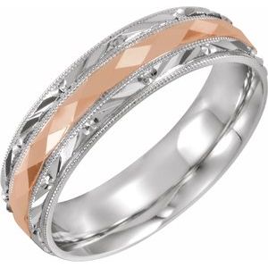 14K White/Rose Gold 6 Mm Polished Design-Engraved Comfort-Fit Band With Milgrain Size 9